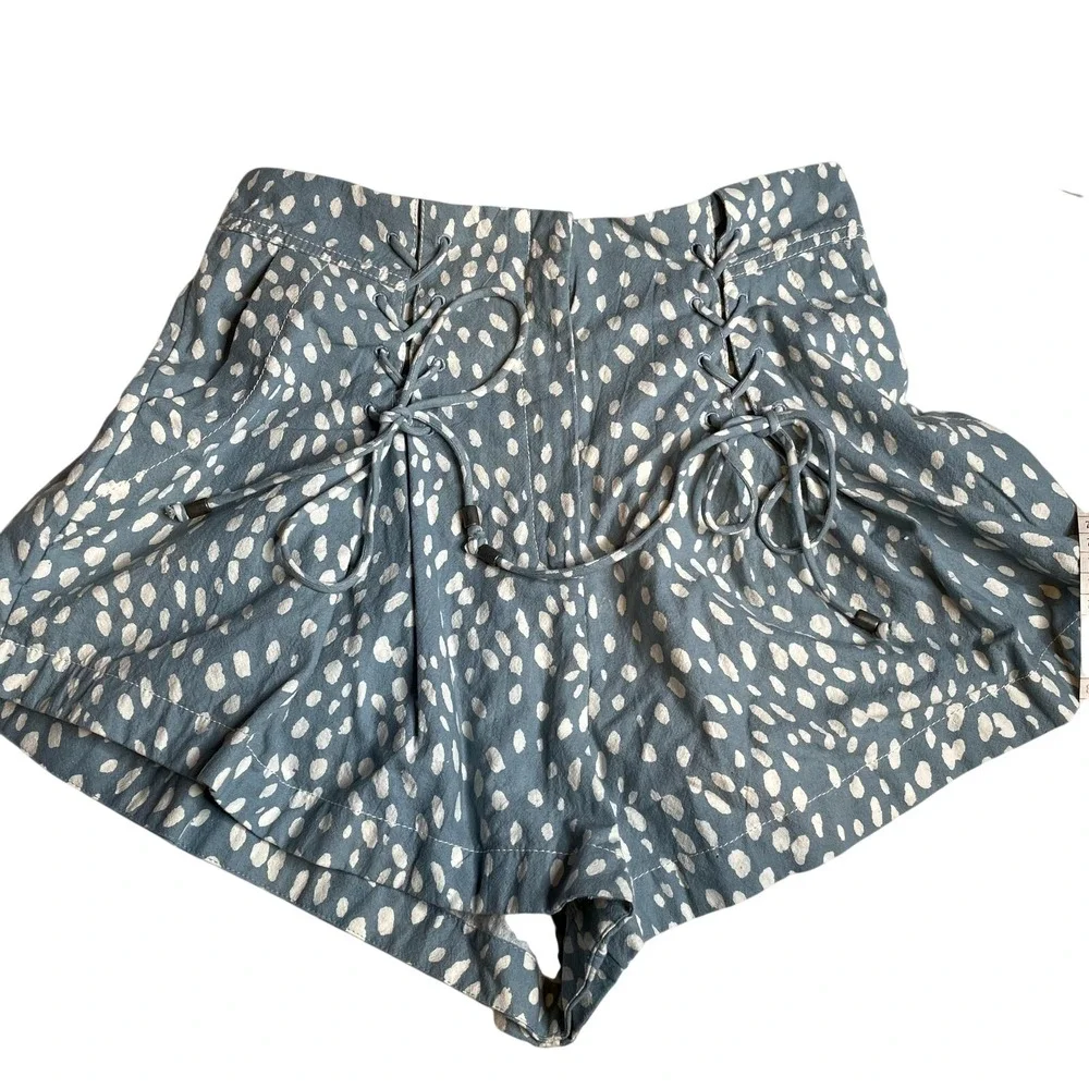 Free People‎ Bennett Blue White Spotted Lace Up High Waisted Cotton Shorts